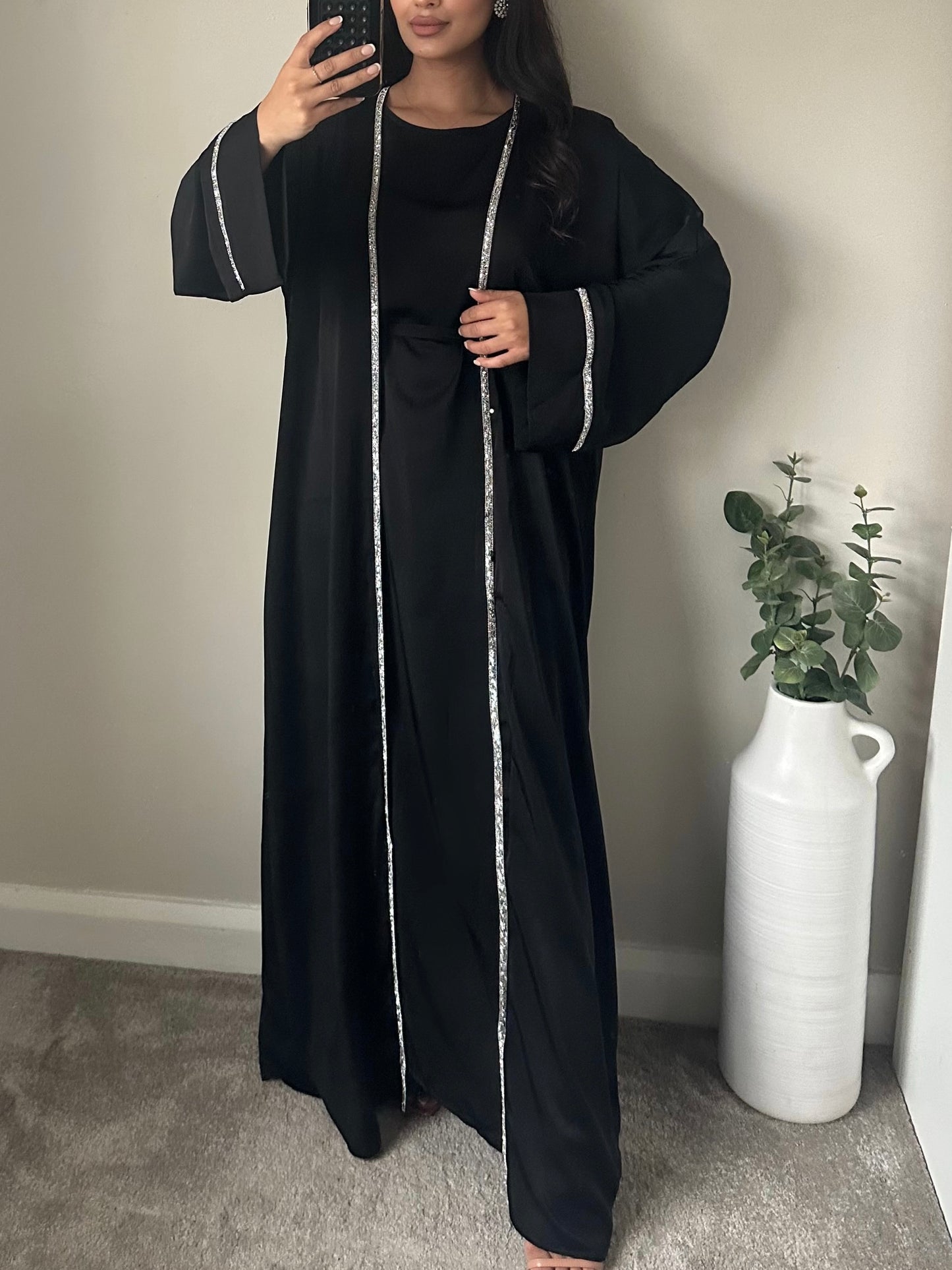 Black Silver Satin Crystal Trim Abaya Set