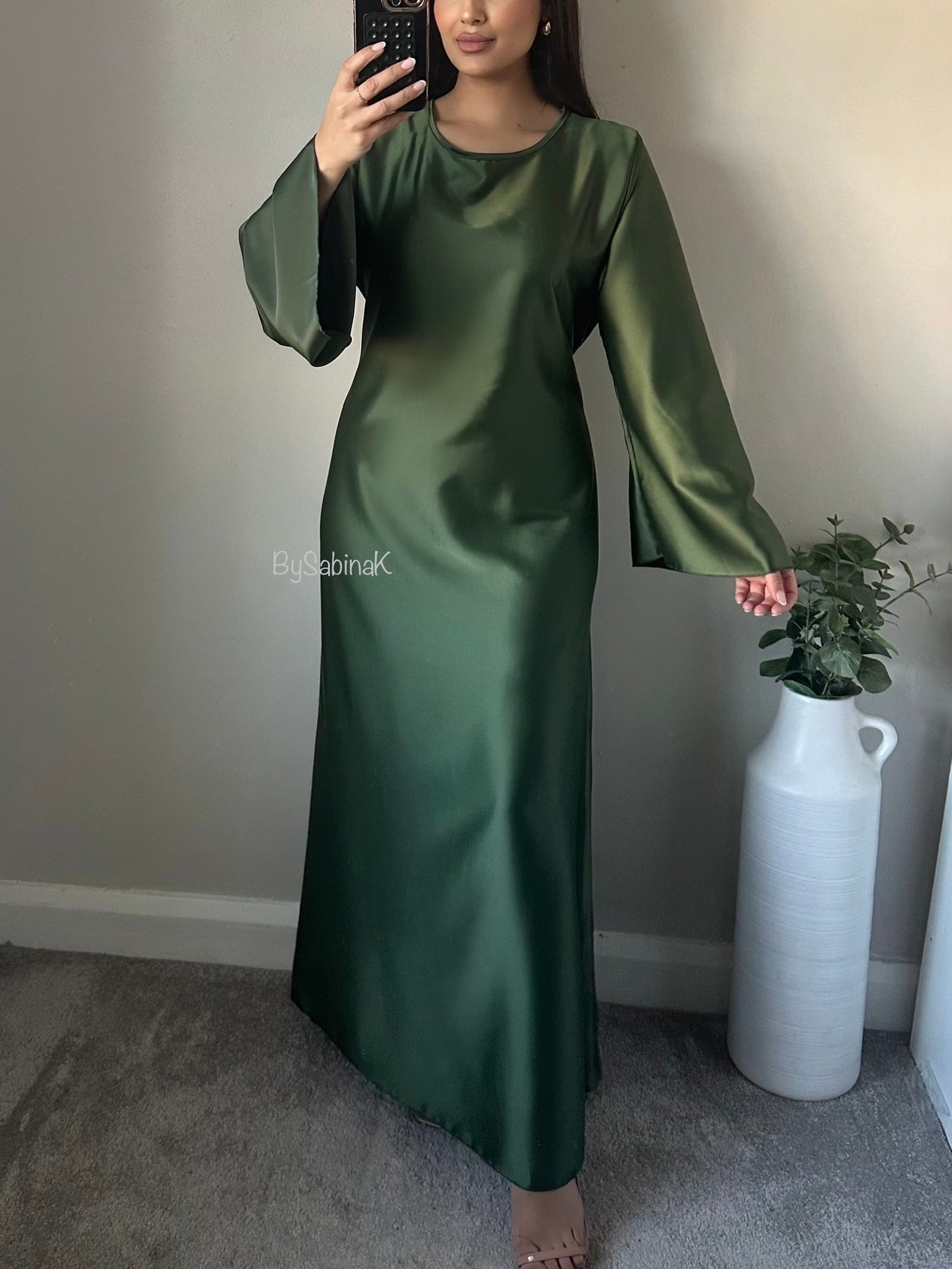 Khaki Green Satin Flared Sleeve Dress