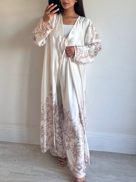 Brown Printed Satin Kimono Co-ord