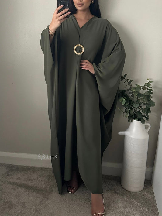 Khaki Green Drape Gold Brooch Kaftan