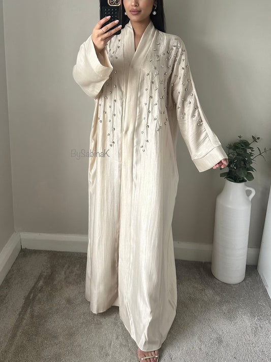 Ivory Rhinestone Buttoned Kaftan Kimono Abaya