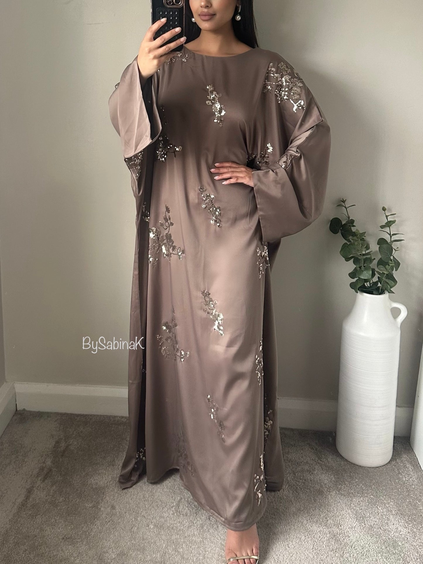 Taupe Satin Floral Sequin Details Kaftan Abaya