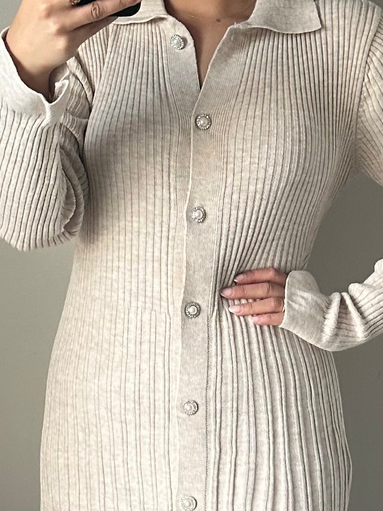 Ivory Pearl Maxi Knit Button Dress