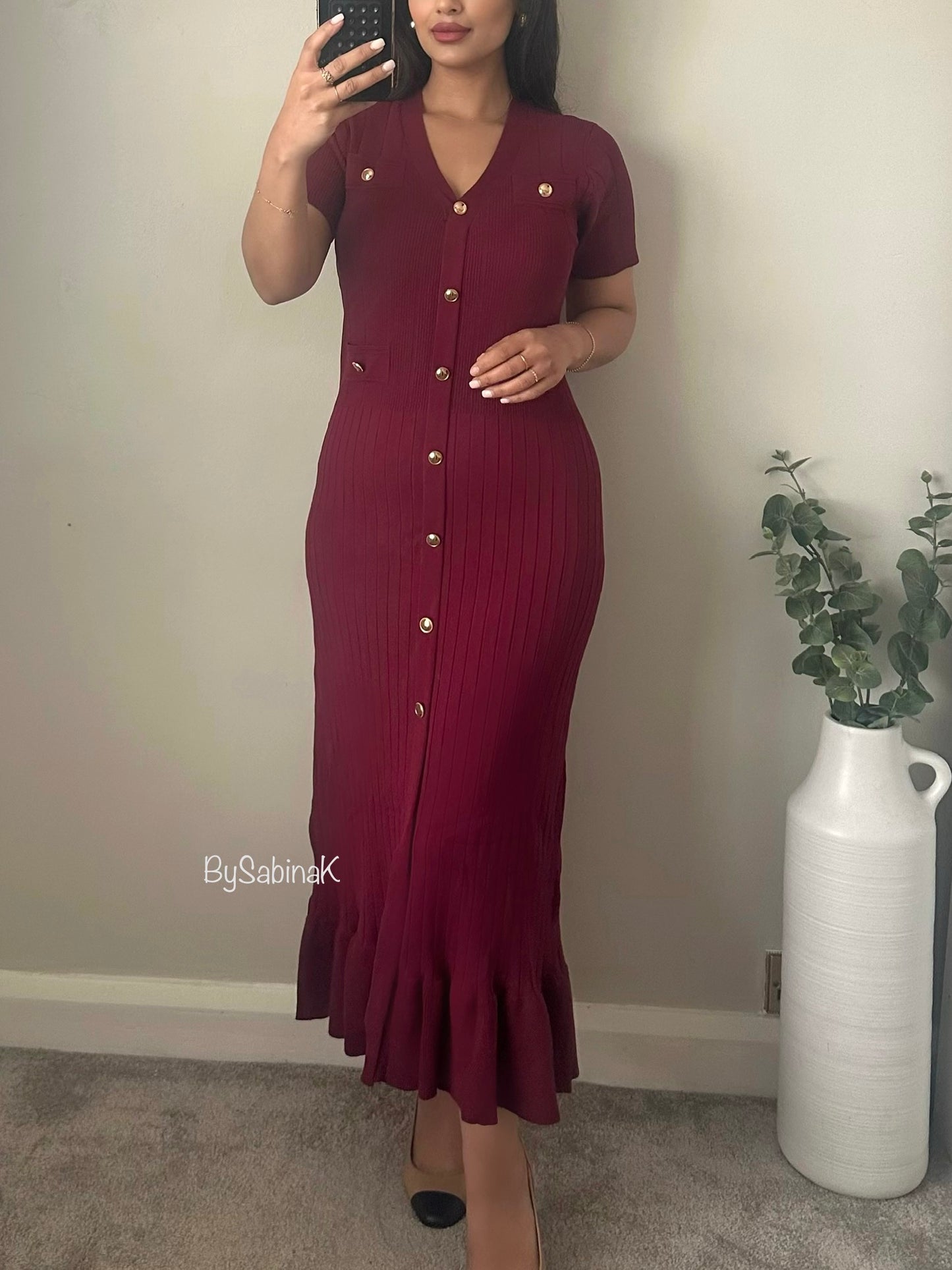 Burgandy Gold Button Knit Dress