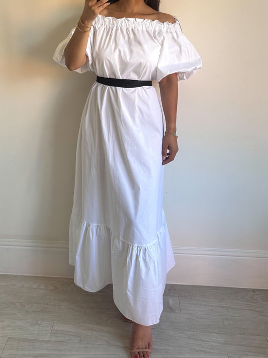 White Cotton Off Shoulder Maxi Dress