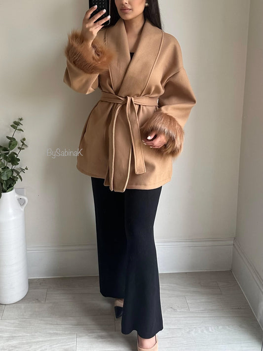 Camel Brown Faux Fur Belted Wrap Coat