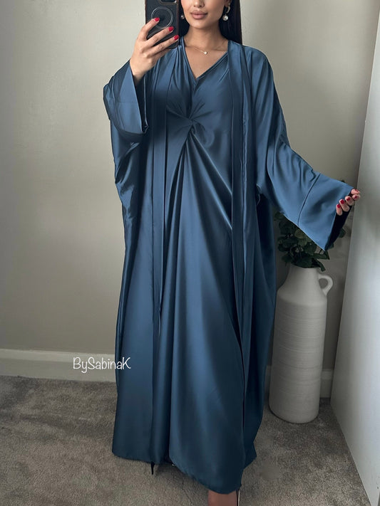 Mid Blue Satin Twist Abaya Set