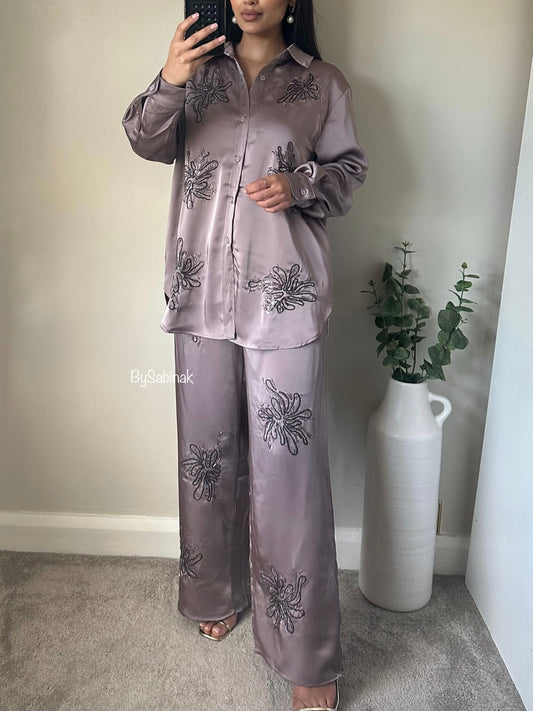 Mauve Sequin Embellished Satin Co-ord (Premium Quality)