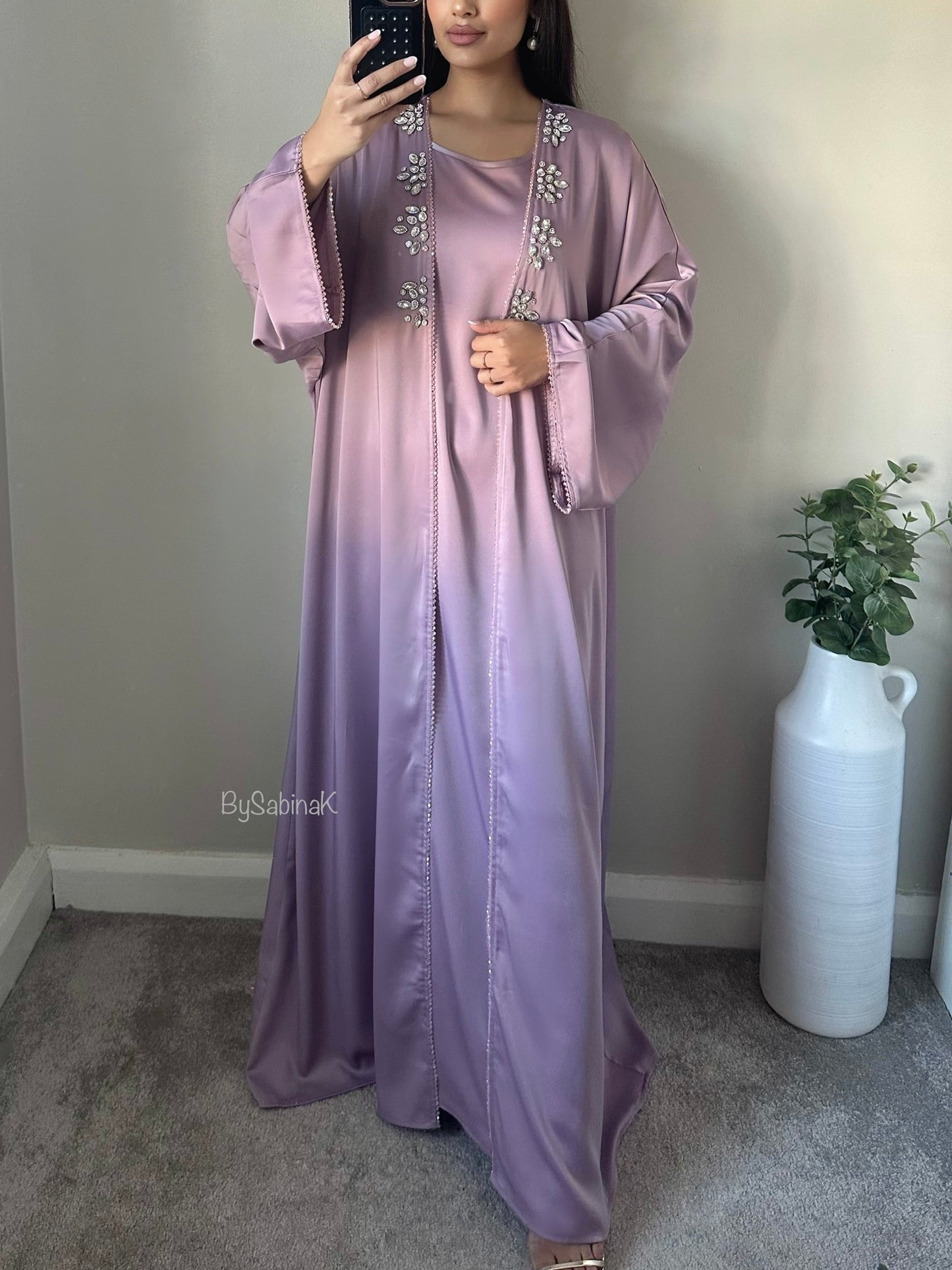 Lilac Satin Rhinestone Beaded Abaya Set