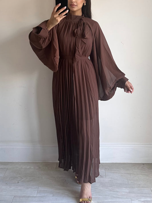 Brown Chiffon Pleated Dress