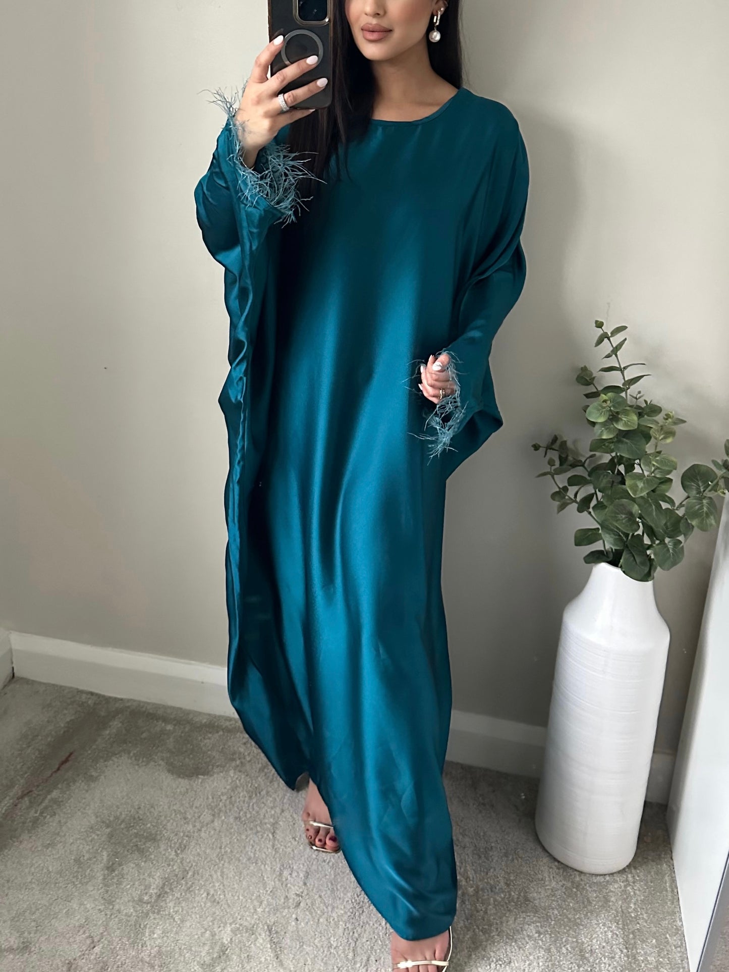 Teal Feather Trimmed Abaya FA