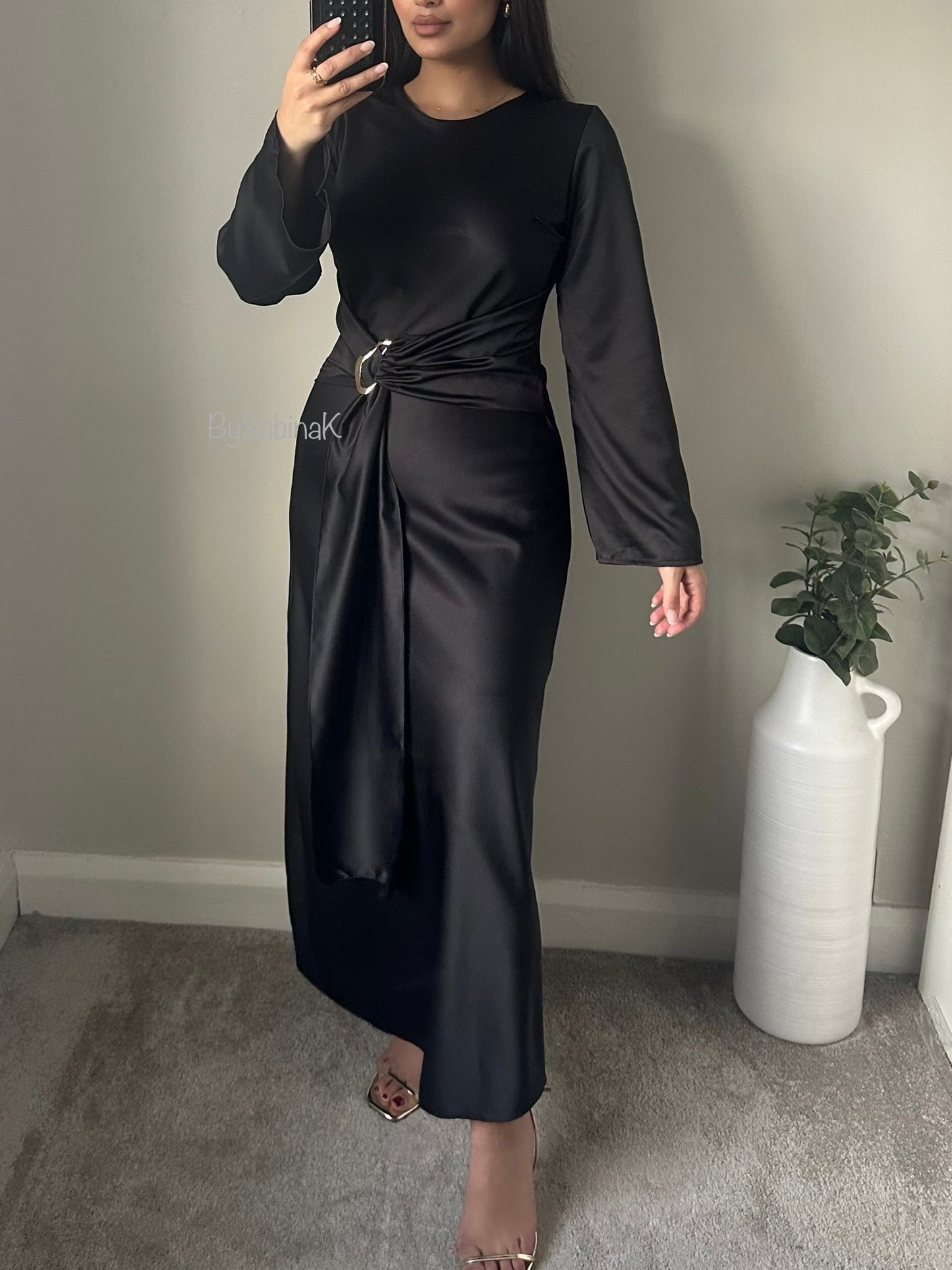 Black Satin Gold Belt Flared Sleeve Dress