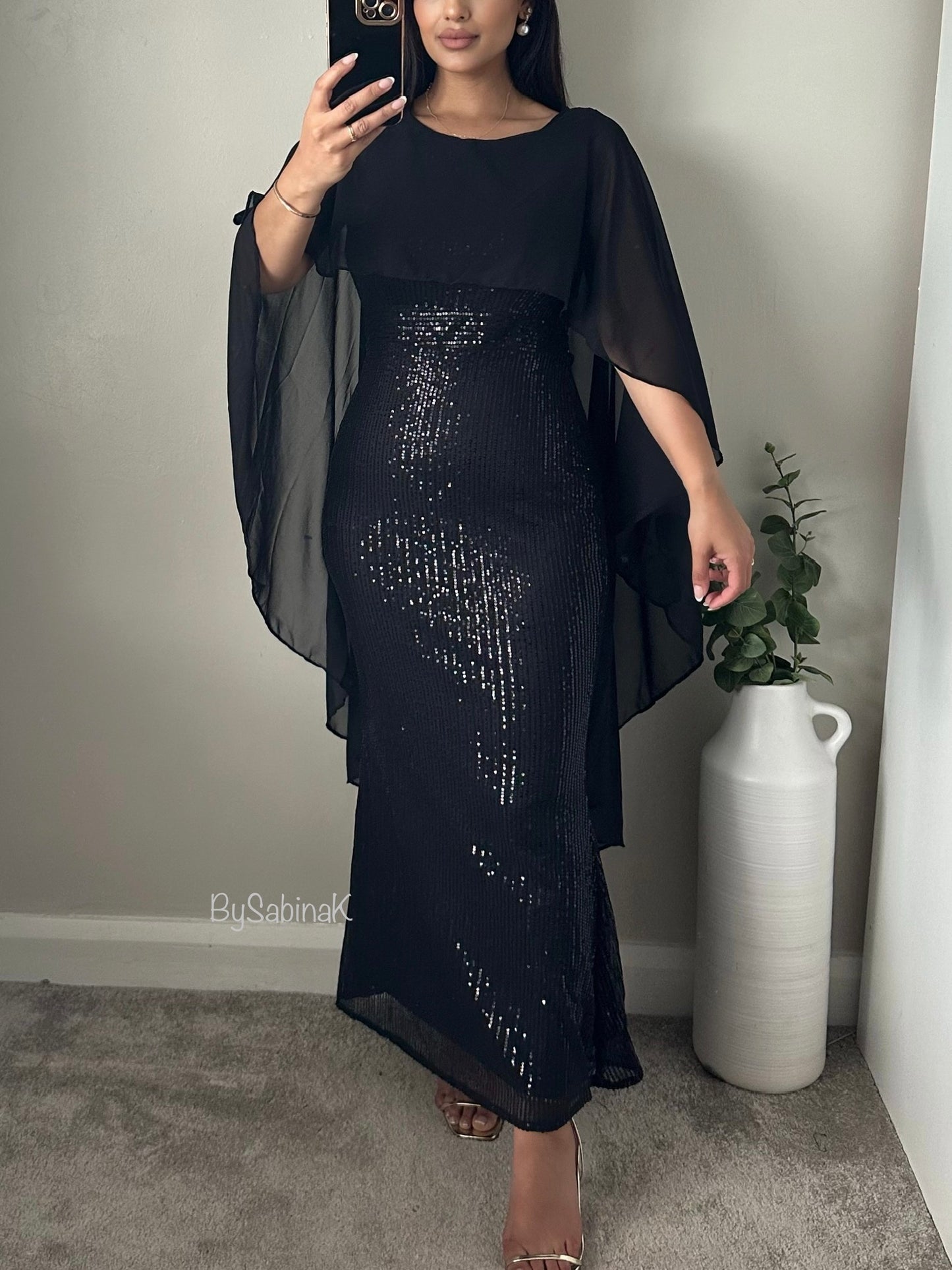 Black Sequin Chiffon Cape Dress