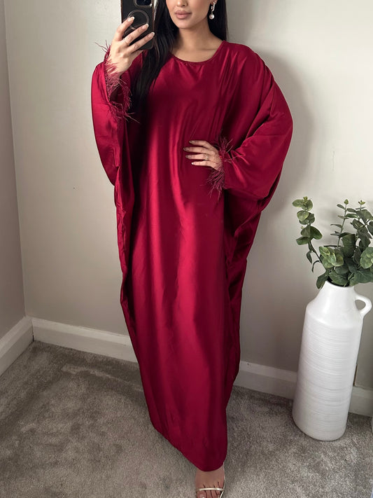 Wine Red Feather Trimmed Abaya FA