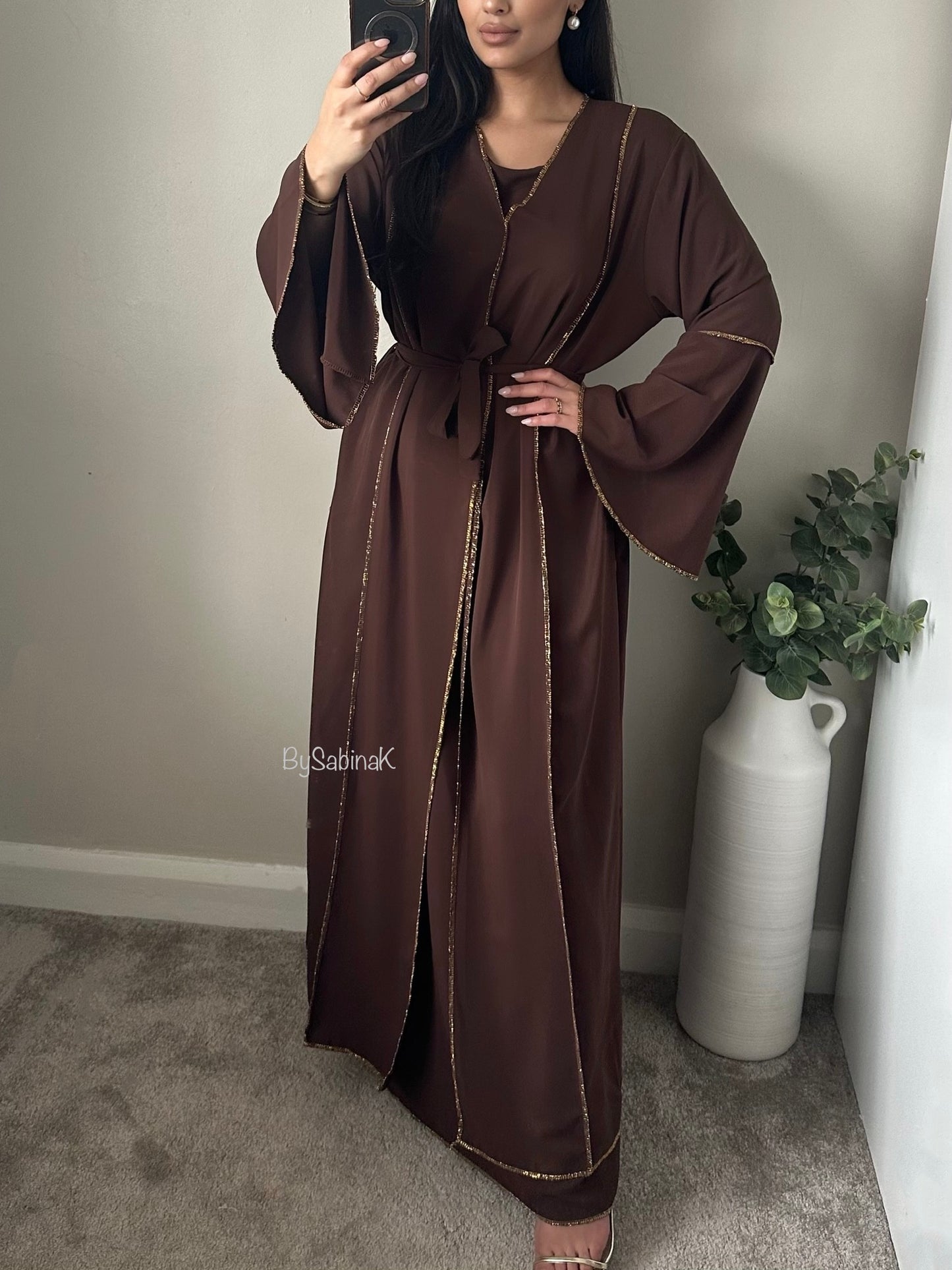 Brown Abaya Set With Gold Trim 014