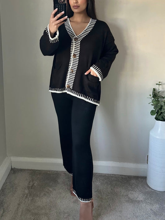 Black Trim Stitch Knit Cardigan Co-ord