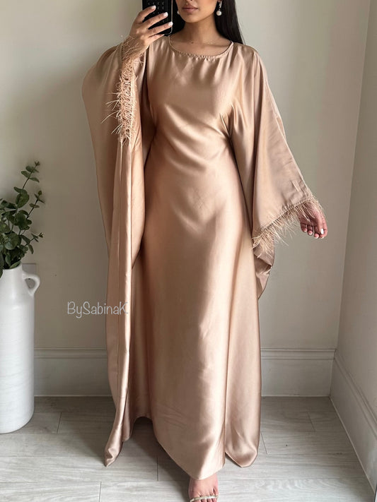 Beige Gold Feather Satin Butterfly Kaftan 802