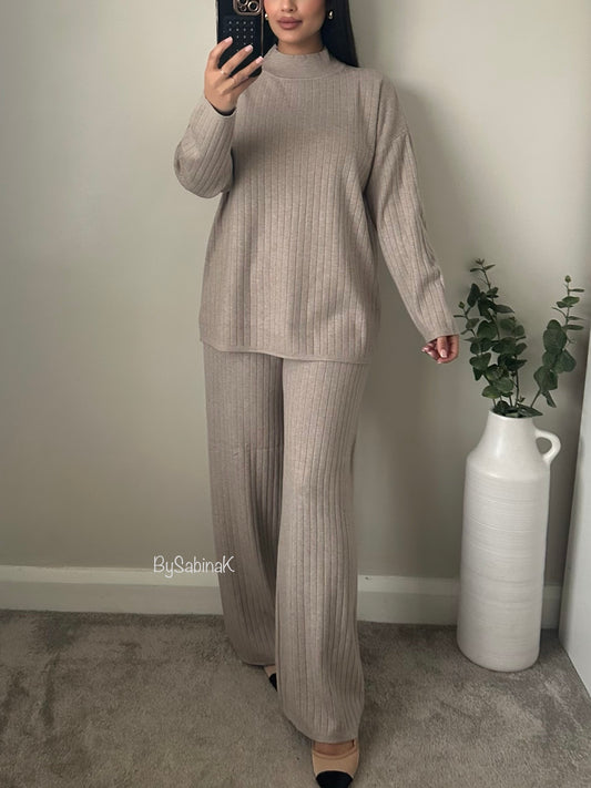 Beige Striped Knitted Co-ord (Premium Quality)