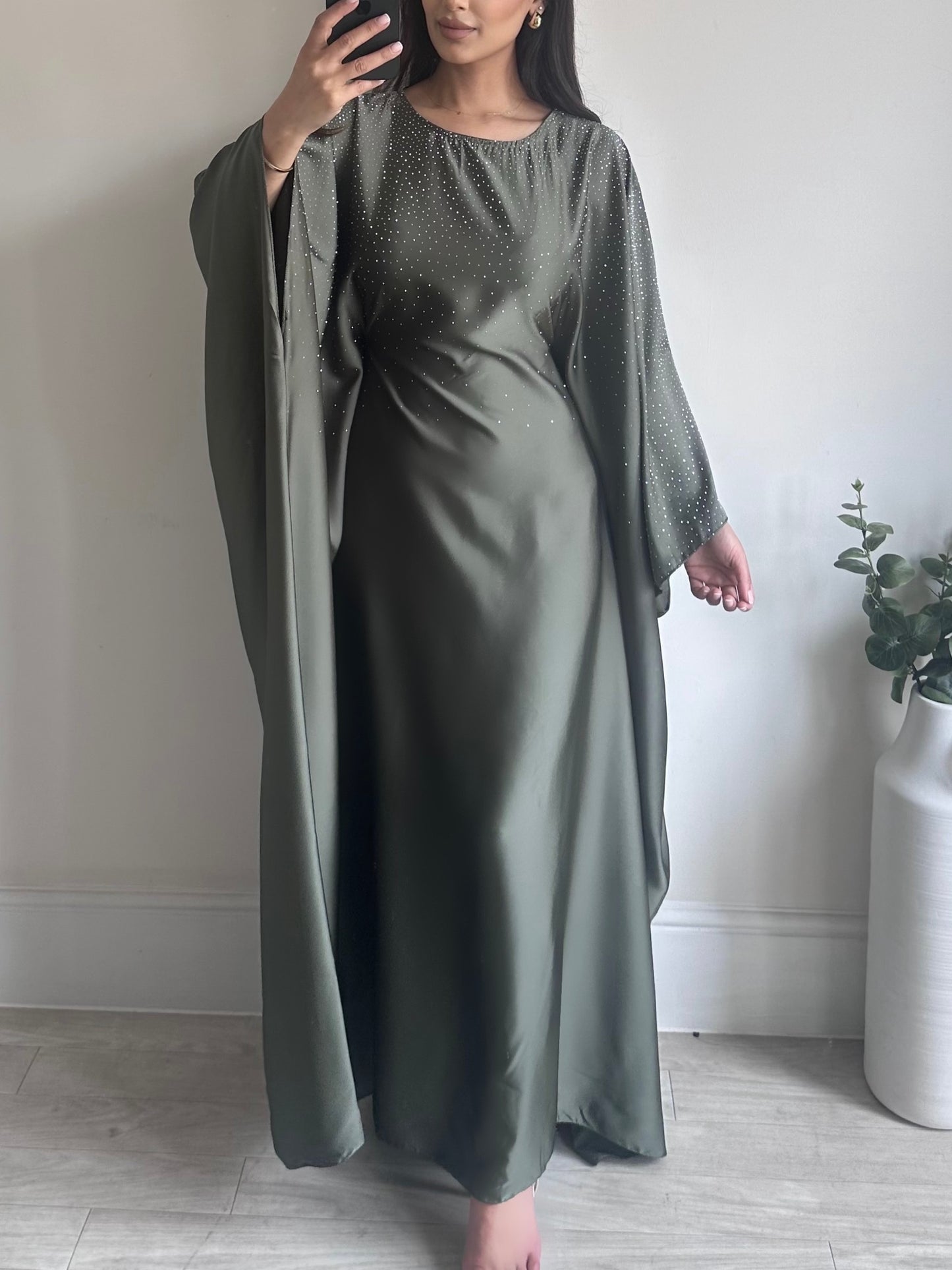 Khaki Green Satin Rhinestone Butterfly Kaftan