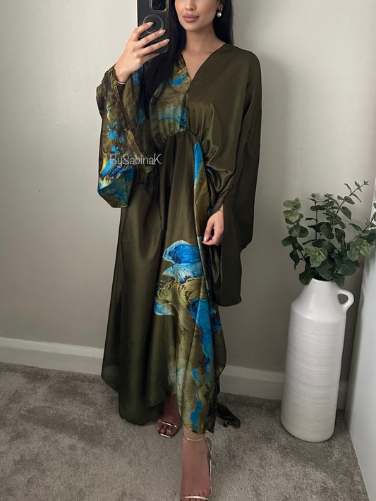 Khaki Green/Blue Print Satin Kaftan