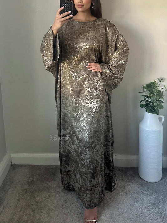 Khaki Green Jacquard Floral Kaftan Abaya