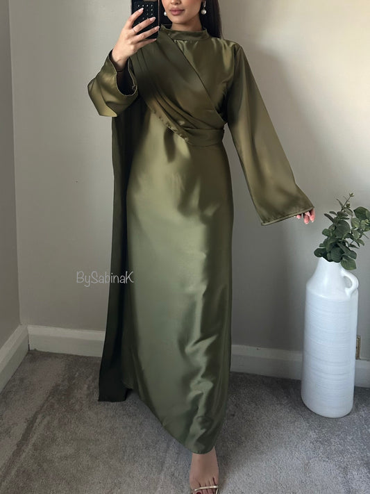 Khaki Green Satin One Shoulder Scarf Maxi Dress