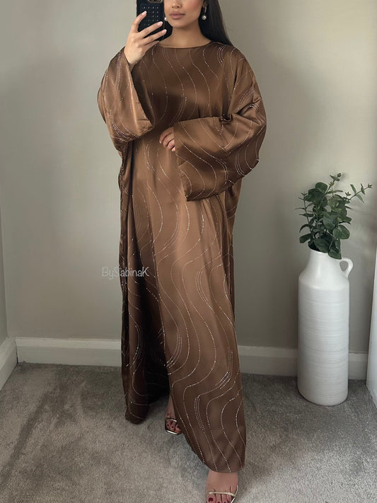 Brown Swirl Sequin Details Kaftan Abaya