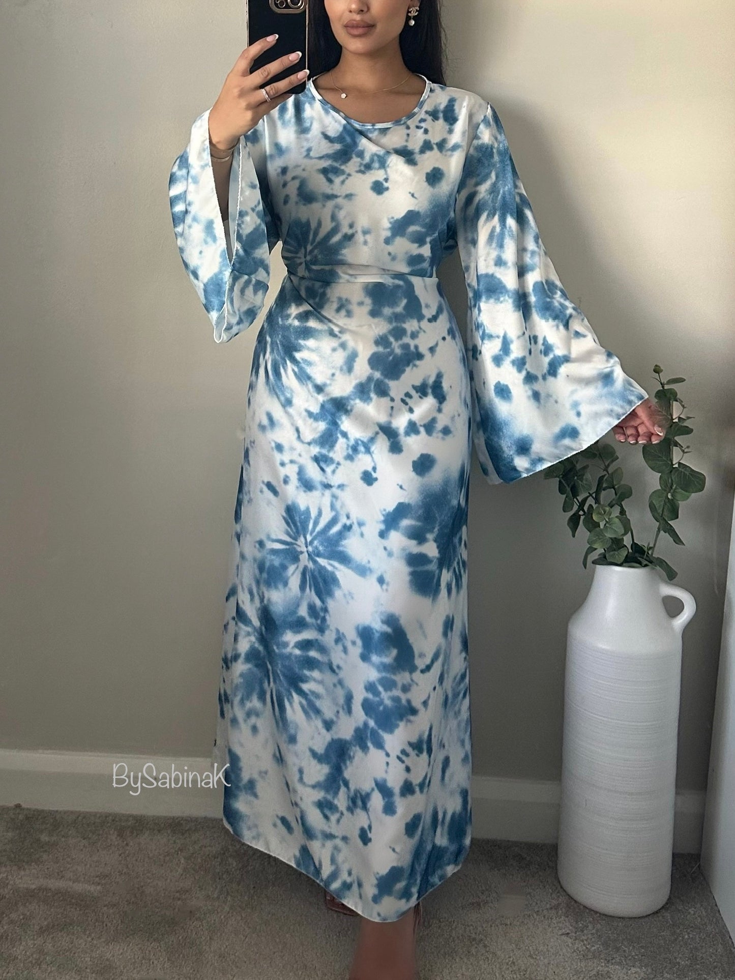 Blue White Print Satin Flared Sleeve Dress