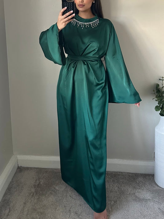 Green Satin Rhinestone Neck Batwing Dress