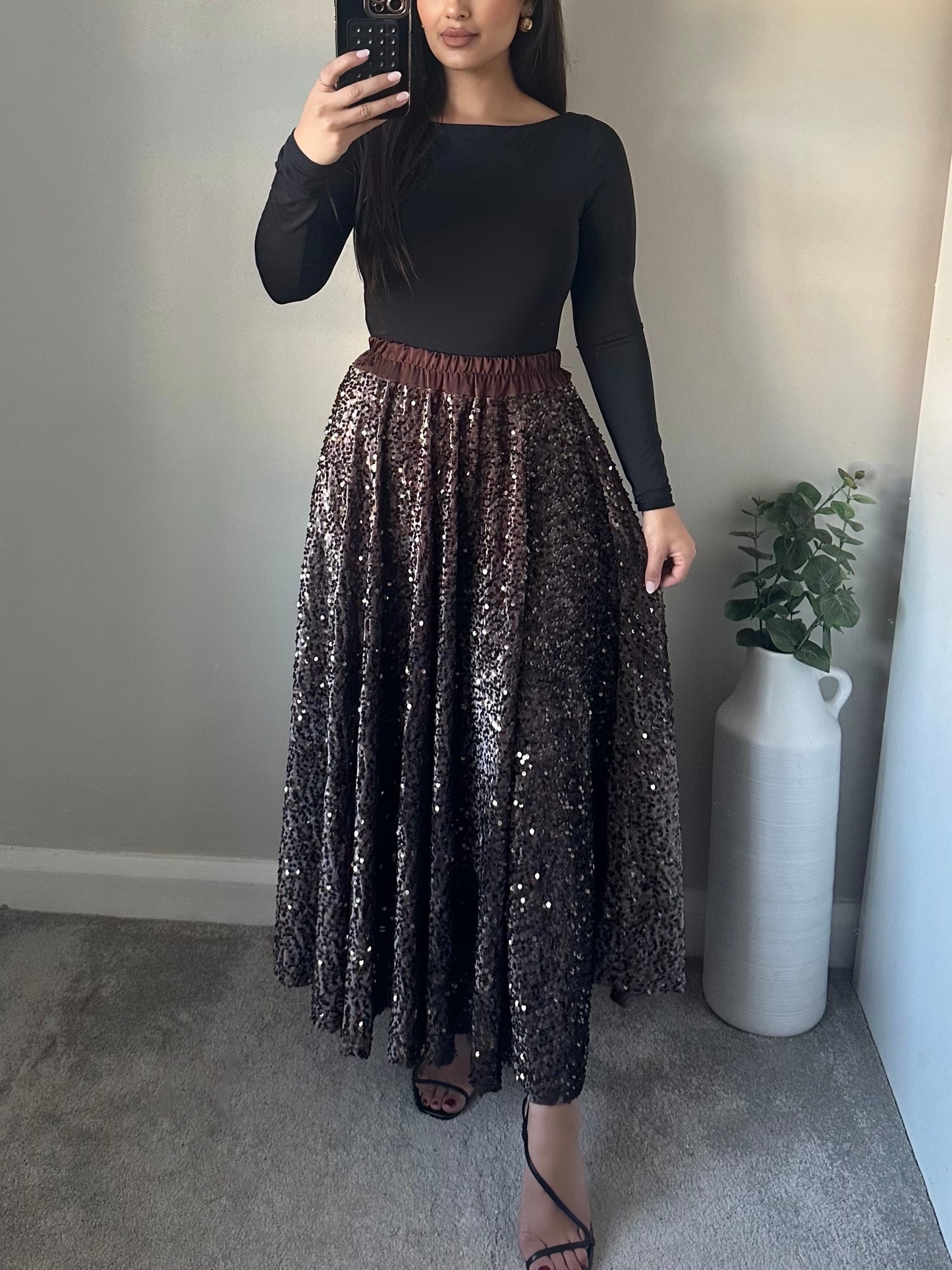 Brown Sequin Velvet Full Maxi Skirt