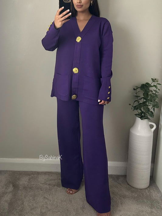 Purple Gold Button Cardigan Co-ord