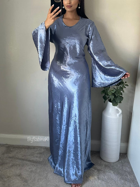 Blue Crinkle Satin Flared Sleeve Dress