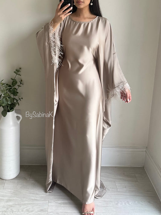 Taupe Feather Satin Butterfly Kaftan 802