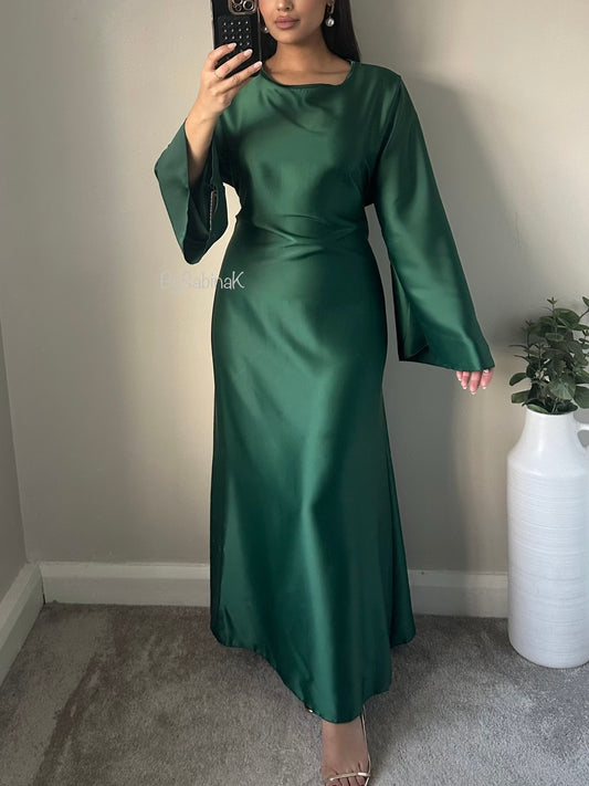 Green Satin Flared Sleeve Dress