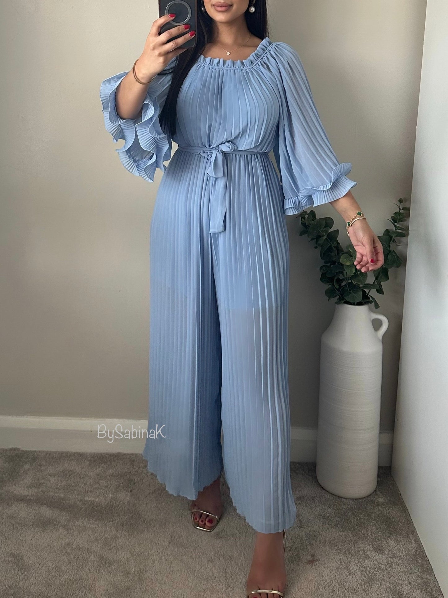 Baby Blue Pleated Chiffon Jumpsuit