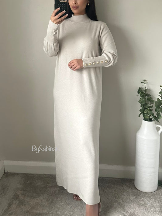 Ivory Thick Jumper Gold Button Sleeve Maxi Dress