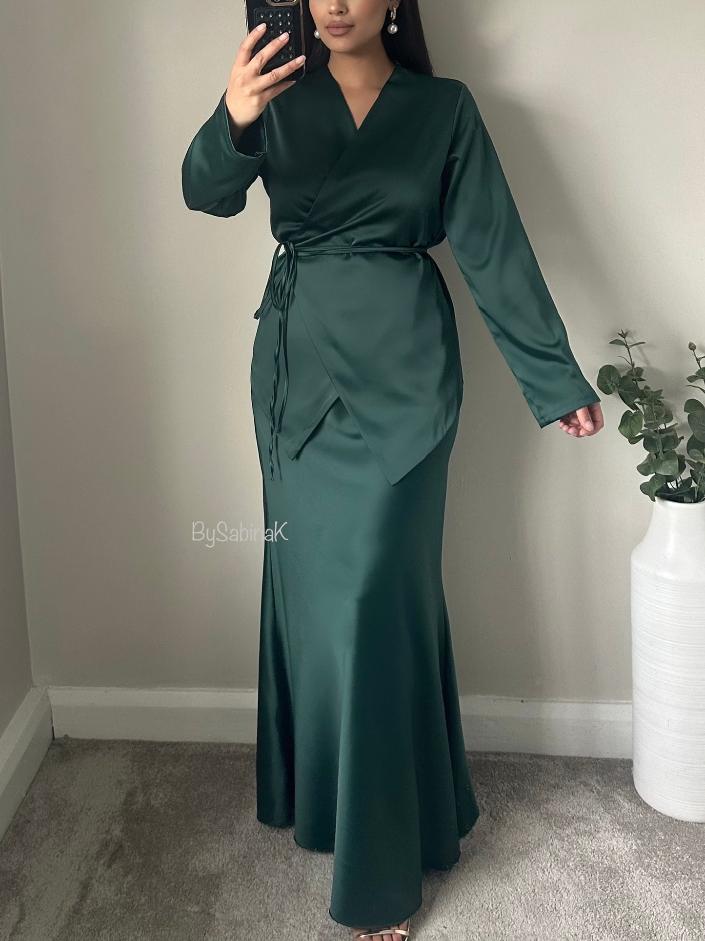 Green Satin Wrap Skirt Co-ord Set