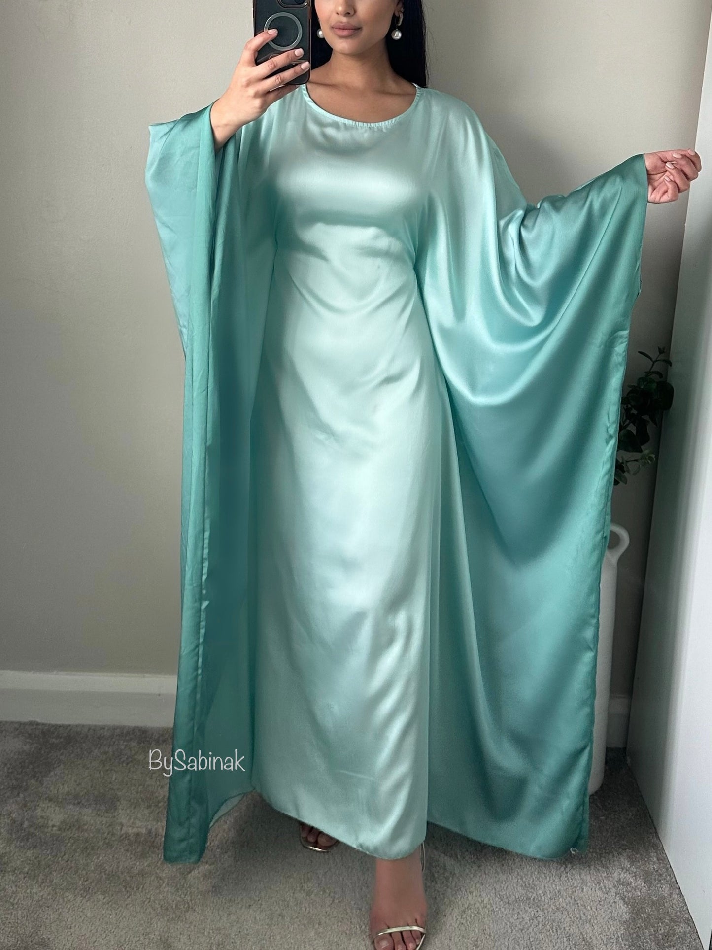 Aqua Blue Tones Butterfly Ombré Satin Kaftan