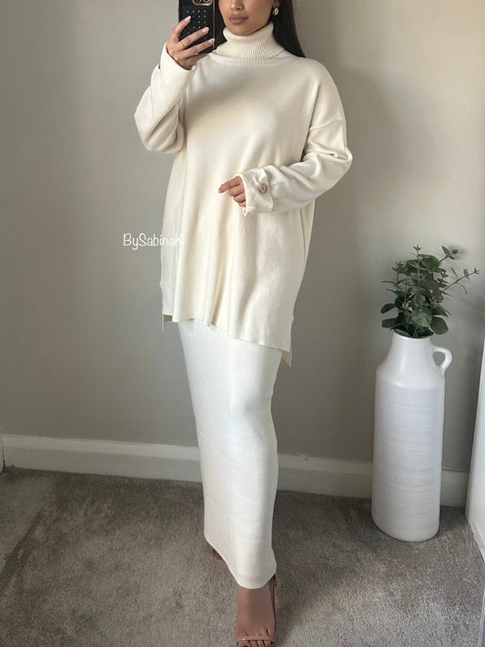 Ivory Knit Skirt Gold Button Co-ord