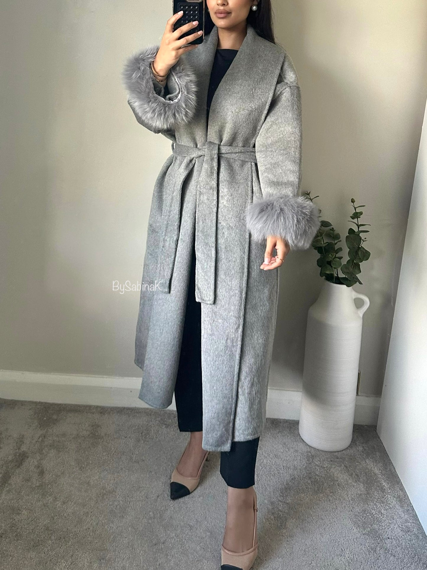 Grey 100% Wool Fur Long Coat