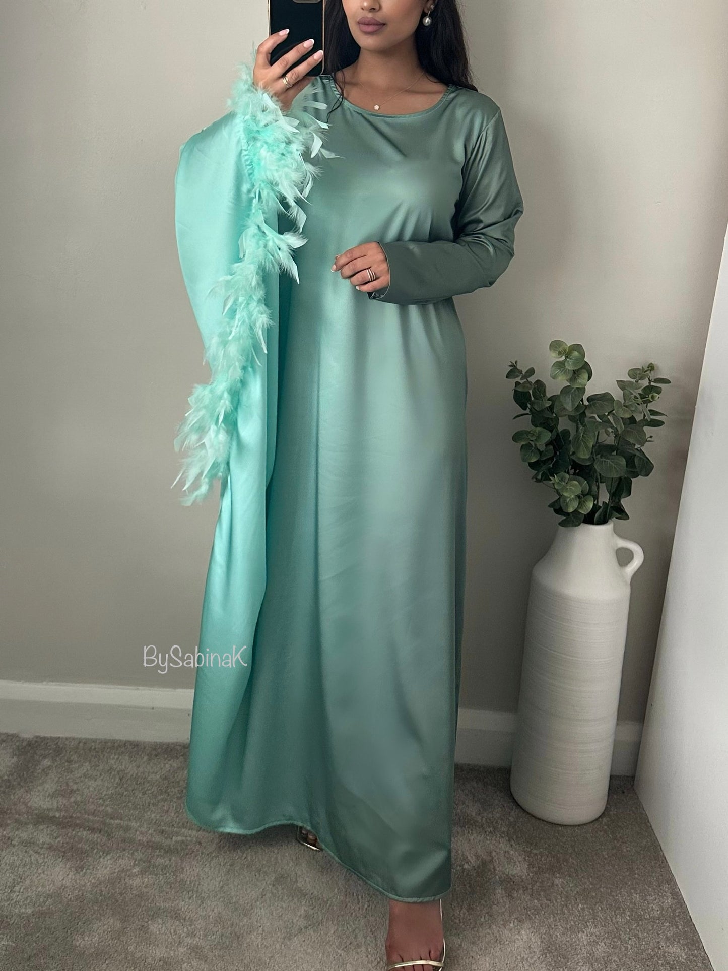 Aqua Blue & Sage Green Ombré Feather Sleeved Kaftan