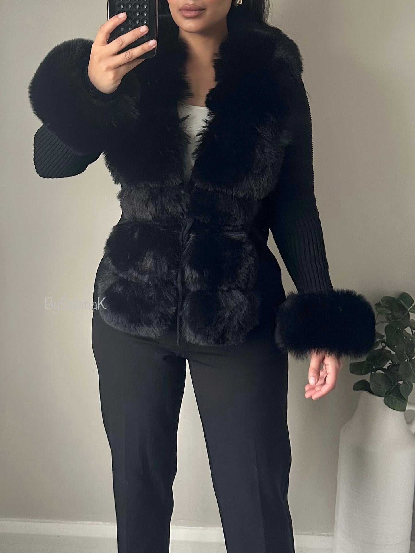 Black Premium Fur Knit Cardigan