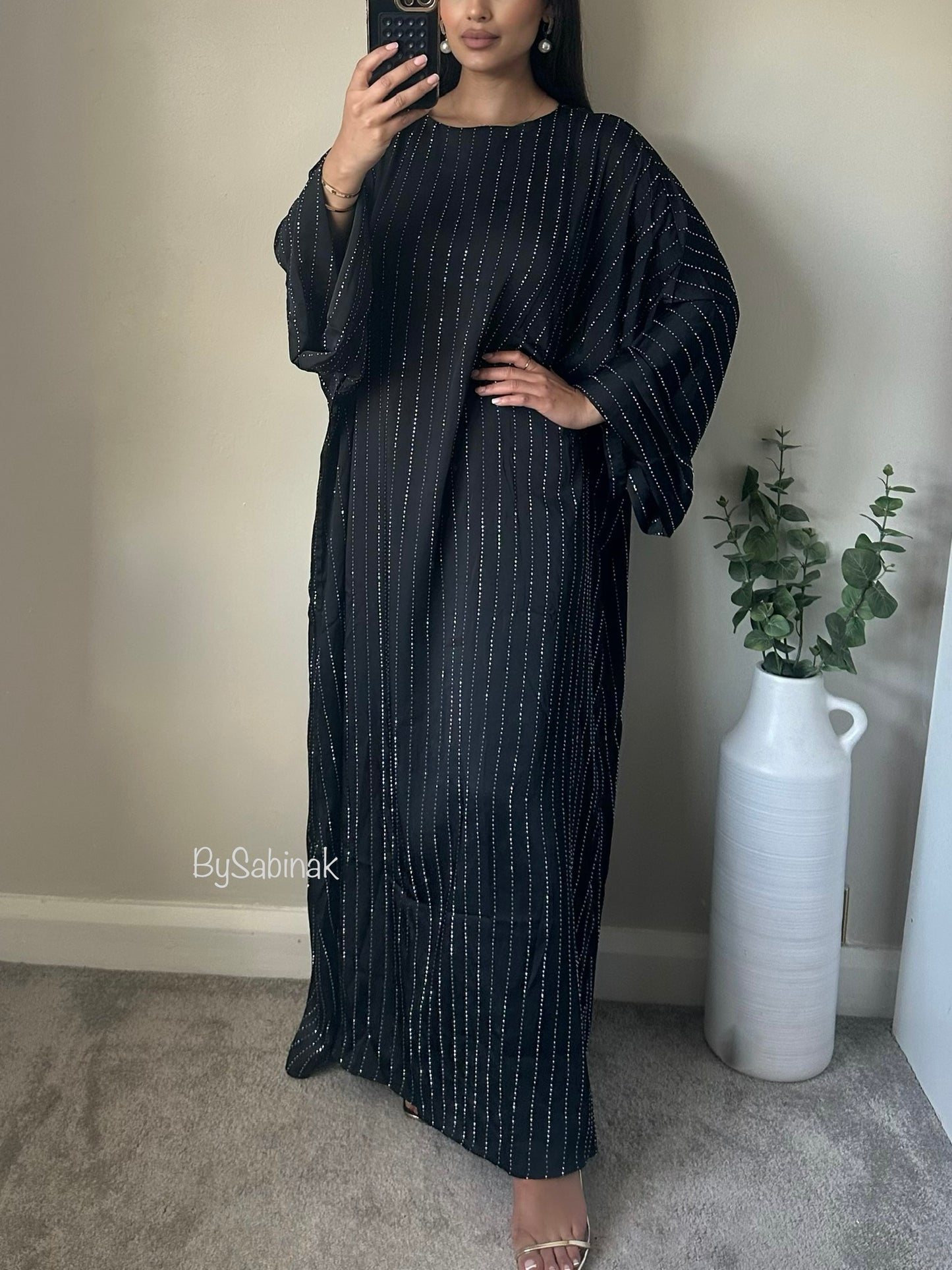 Black Satin Diamonte Kaftan Abaya