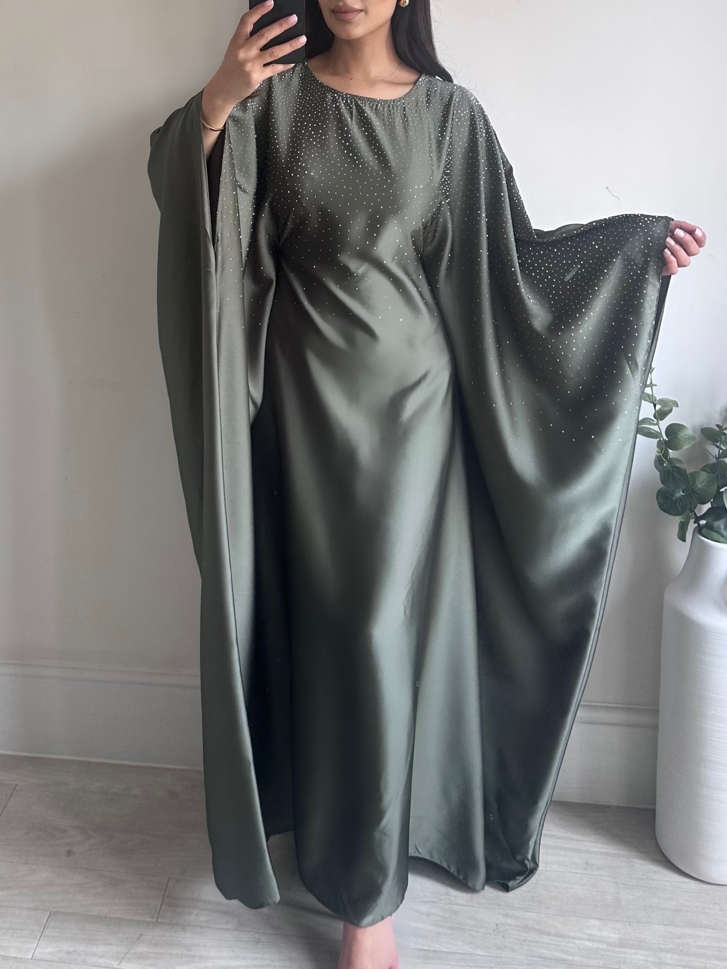 Khaki Green Satin Rhinestone Butterfly Kaftan