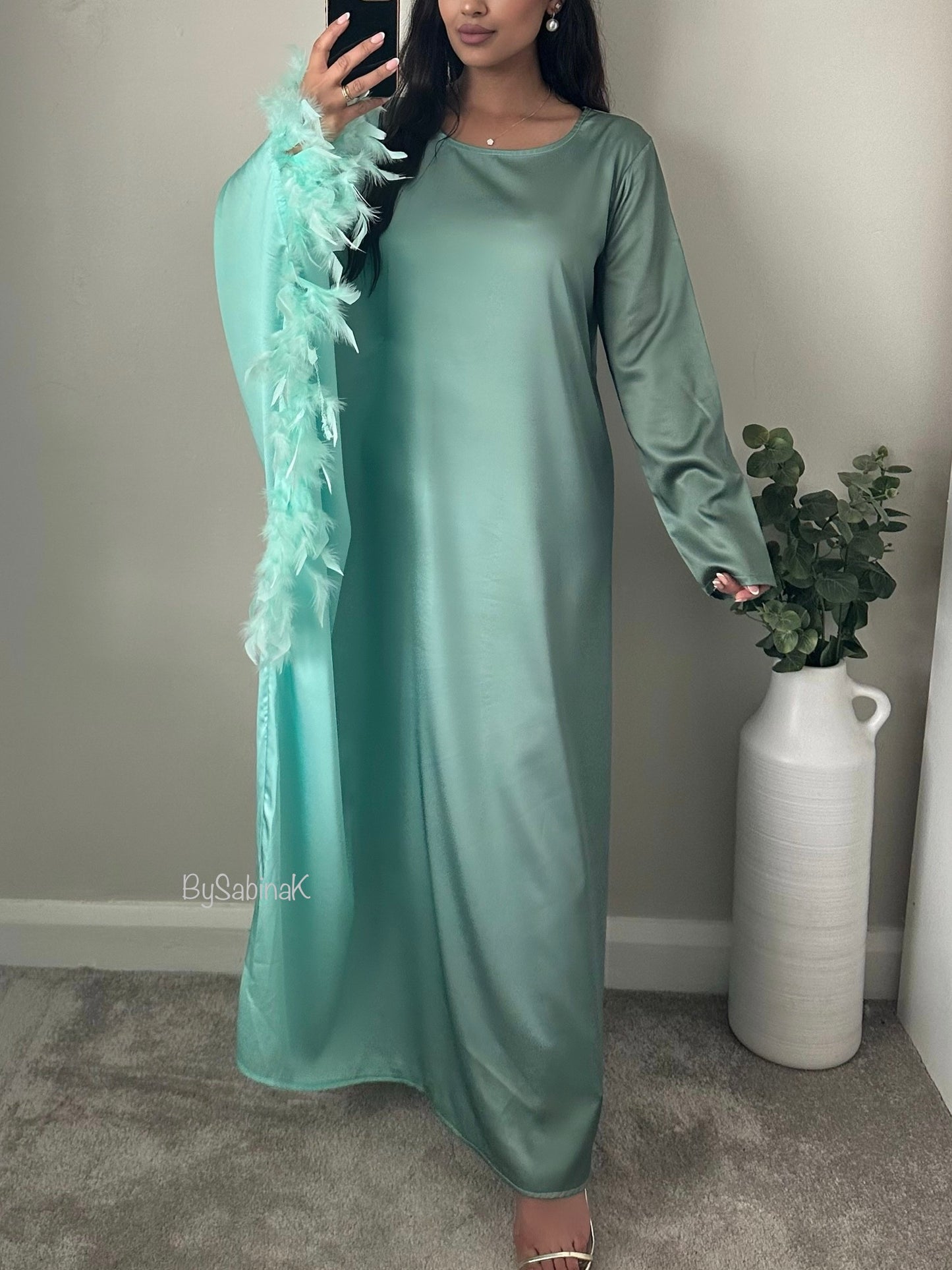 Aqua Blue & Sage Green Ombré Feather Sleeved Kaftan