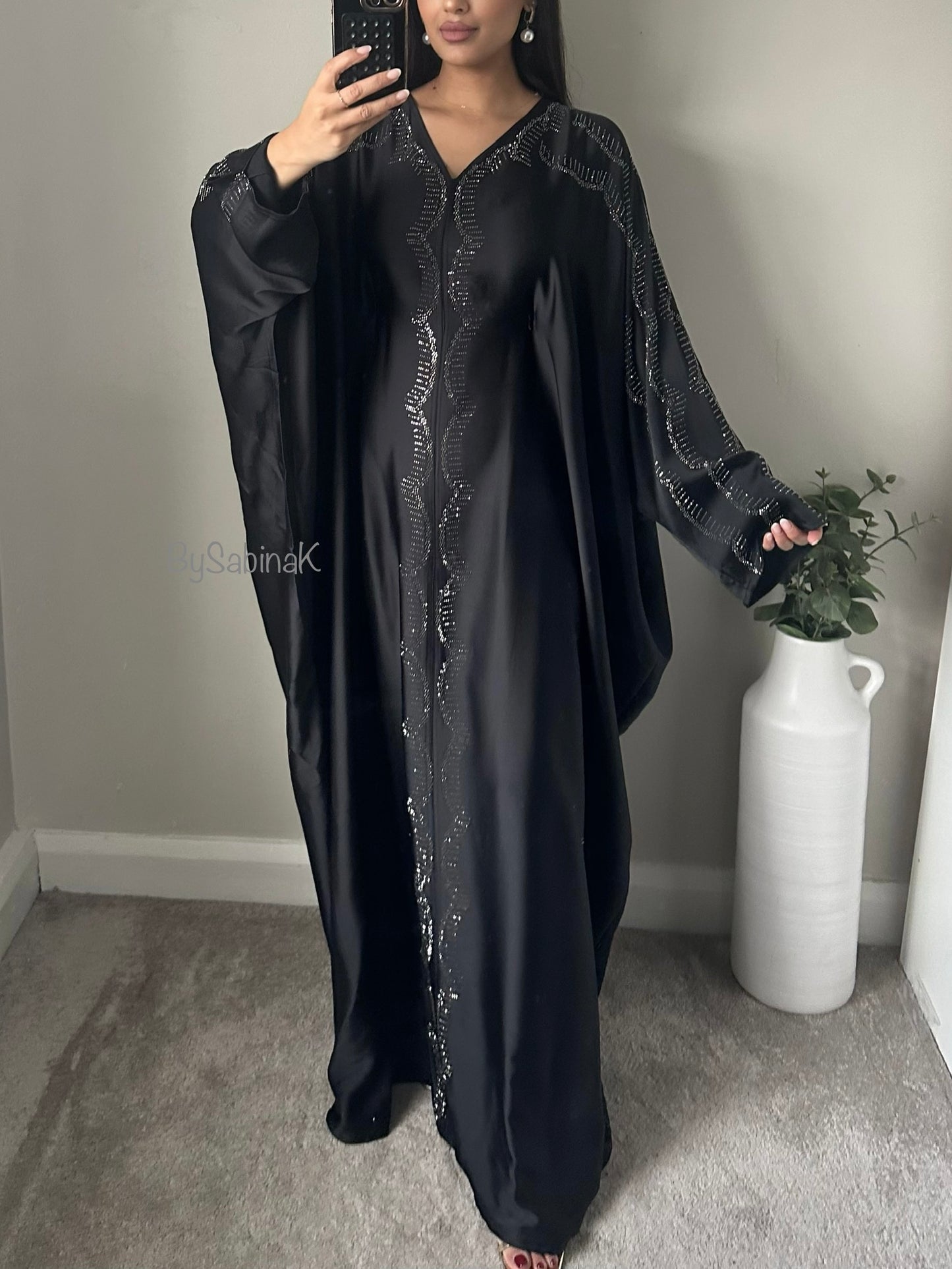 Black Rhinestone Chiffon Silk Butterfly Abaya Kaftan