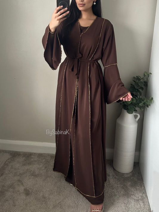 Brown Abaya Set With Gold Trim 014