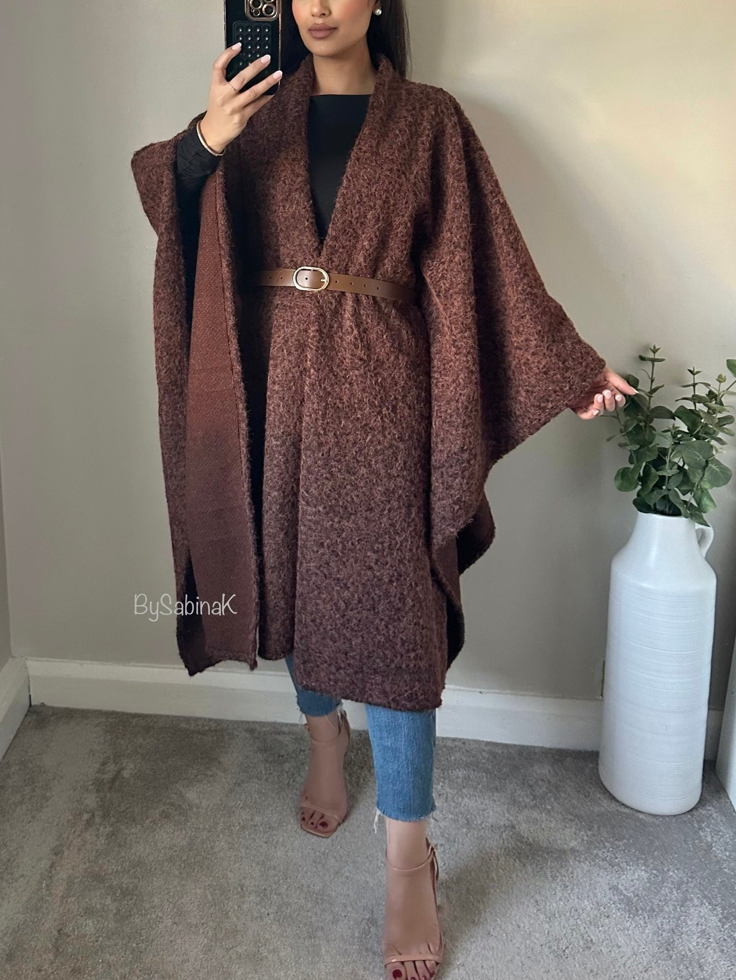 Brown Boucle Belted Cape