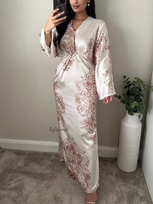 Brown White Floral Batwing Satin Dress