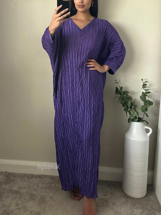 Purple Satin Pleated Batwing Dress 015